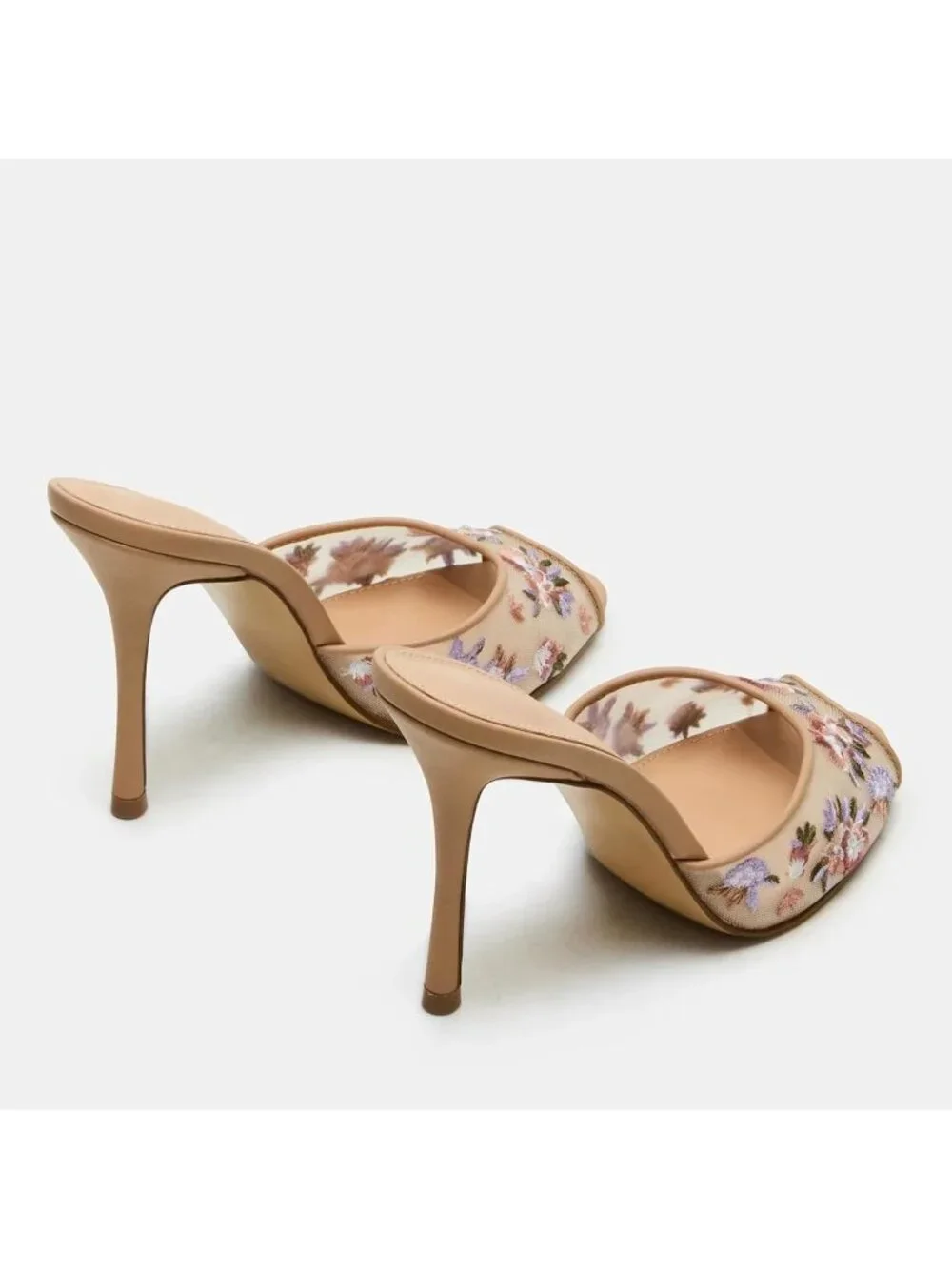 Women's Tan Mesh Heeled Sandals Peep Toe Mules Slip on Stiletto High Heels
